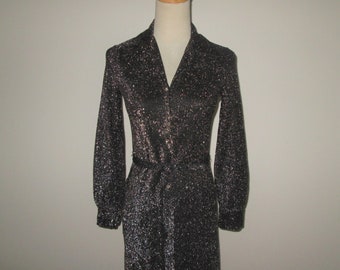 Vintage 1960s 1970s Black Lurex Maxi Dress by Loll-Ease Size XS, S