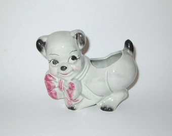 Vintage Puppy Dog Planter With Bow