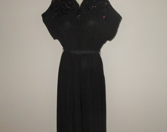 Vintage 1940s Black Crepe Sequin Dress - Size M