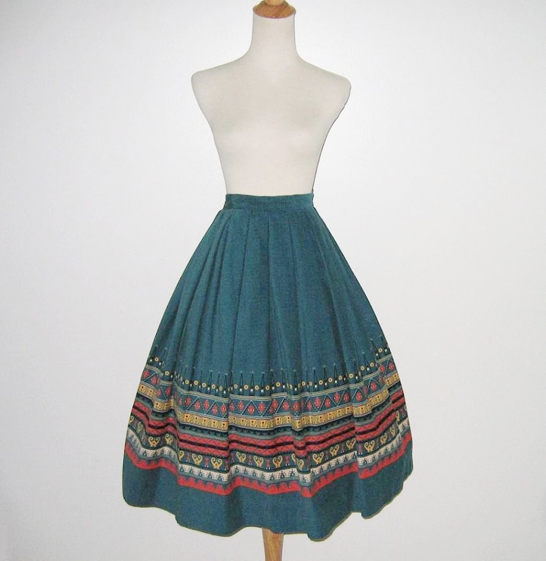 Vintage 1950s Teal Blue Corduroy Novelty Print Skirt With Abstract Design By Shirley Lee S Size XS