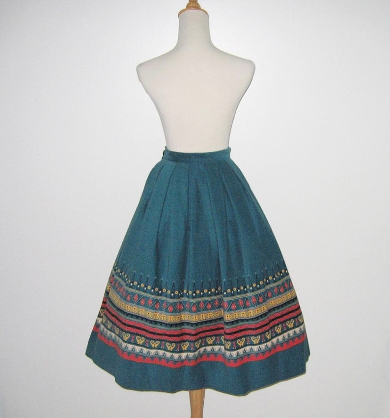 Vintage 1950s Teal Blue Corduroy Novelty Print Skirt With Abstract Design By Shirley Lee S Size XS