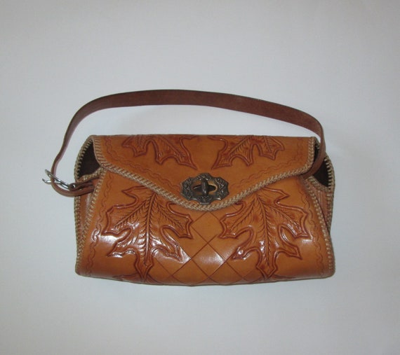 Vintage 1950s 1960s Tan Leather Handbag Purse Wit… - image 4