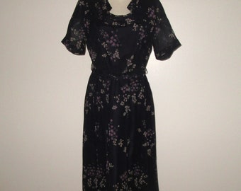 Vintage 1950s Navy Floral Chiffon Dress - Size M