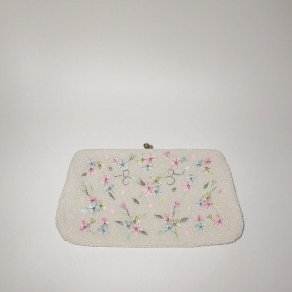 Vintage 1950s Floral Beaded Clutch Purse By Walborg Made In Japan