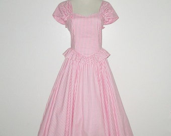 Vintage 1950s Pink Striped Dress With Peplum - Size S, M