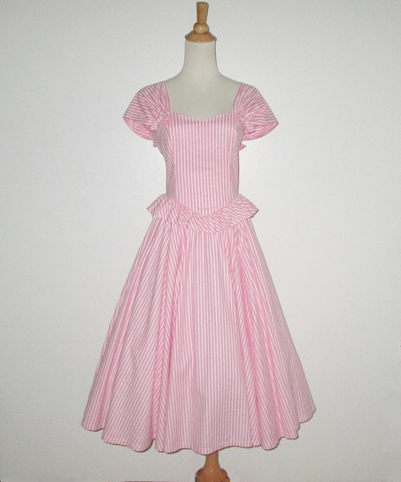 Vintage 1950s Pink Striped Dress With Peplum - Si… - image 1