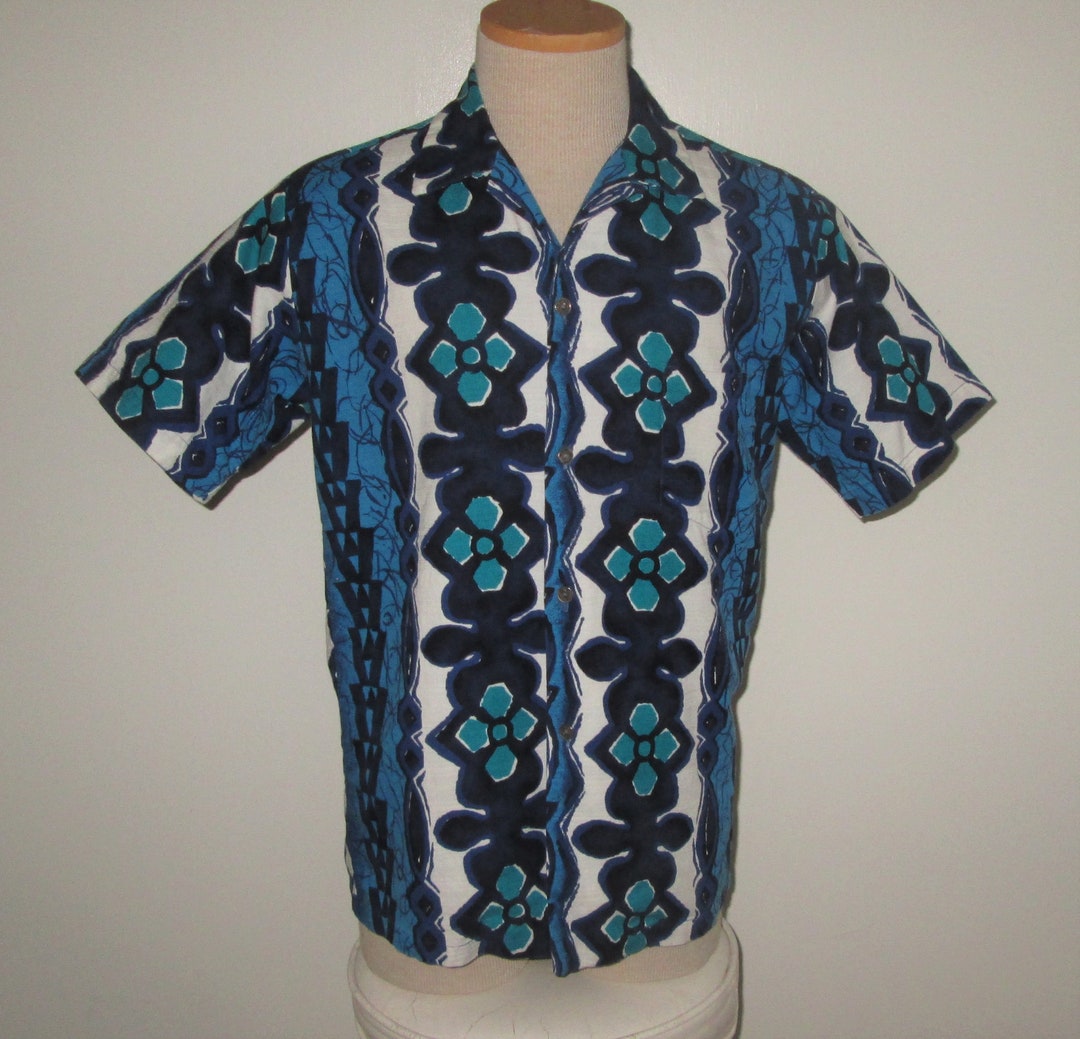 Vintage 1960s Blue Hawaiian Abstract Barkcloth Shirt by - Etsy