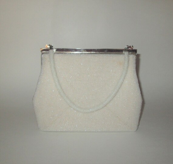 Vintage White Beaded Pastel Design Handbag - image 7