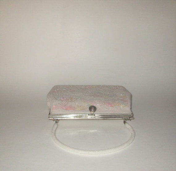 Vintage White Beaded Pastel Design Handbag - image 3