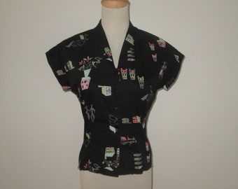 Vintage 1950s Black Novelty Print Blouse - Size S, M