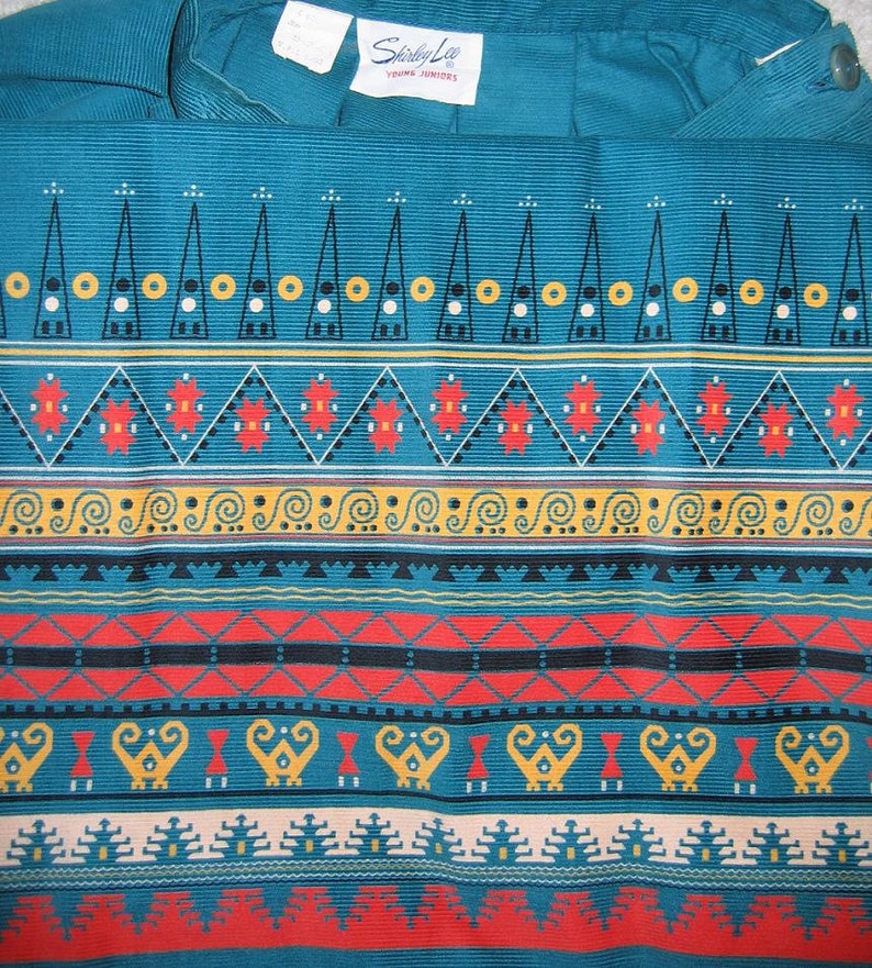 Vintage 1950s Teal Blue Corduroy Novelty Print Skirt With Abstract Design By Shirley Lee S Size XS