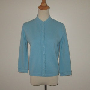 Vintage 1950s 1960s Blue Cardigan Sweater With Crochet Accents - Size M