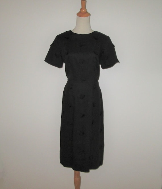 Vintage 1950s Black Moygashel Irish Linen Dress Wi