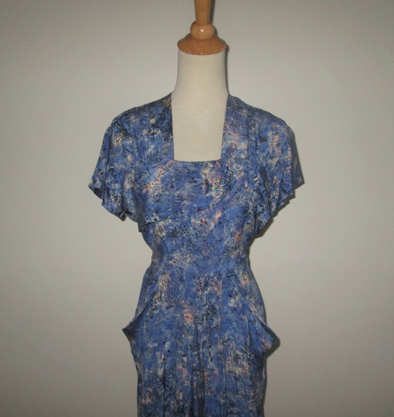 Vintage 1940s Blue Abstract Dress - Size S, M - image 2