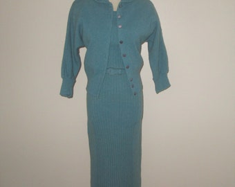 Vintage 1950s Blue Sweater Dress Set By Lady Petite - Size XS, S