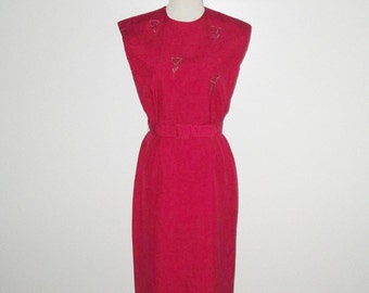 Vintage 1950s 1960s Red Silk Floral Applique Dress By Norman Wiatt - Size S, M