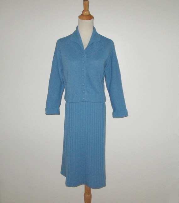 Vintage 1950s Blue Sweater Skirt Set Suit Dress By