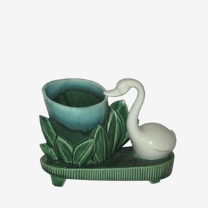 Vintage Ceramic Swan Planter: Aqua Green Drip Glaze