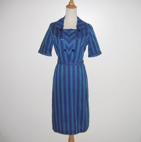 Vintage 1950s 1960s Blue Striped Shadow Plaid Dres