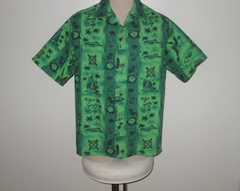 Vintage 1950s 1960s Green Hawaiian Shirt - Made In Hawaii - Size XL