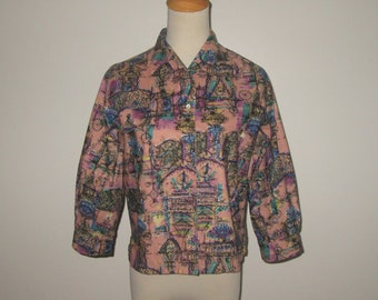 Vintage 1950s Abstract Birdcage Novelty Print Blouse - Size M