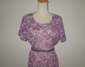 Vintage 1940s 1950s Purple Floral Voile Dress By Maurene Frocks - Size M