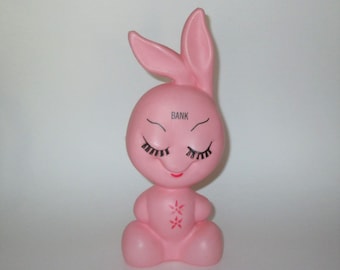 Vintage 1950s Pink Plastic Bunny Rabbit Bank