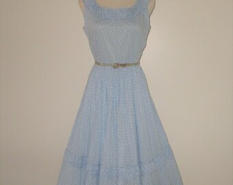 Vintage 1950s Blue Floral Sleeveless Dress With Ruched Accents - Size S, M