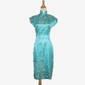 Vintage 1950s 1960s Cheongsam Turquoise Dress By Crown - Made In Japan - Size S, M