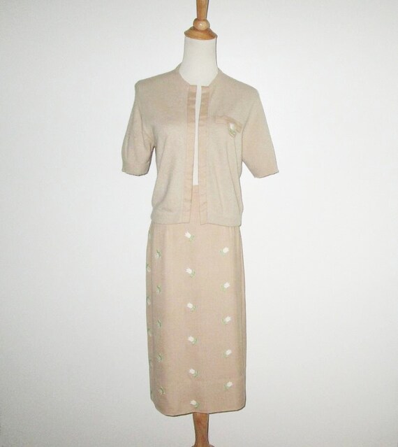 Vintage 1950s Tan Floral Sweater Skirt Set With Em