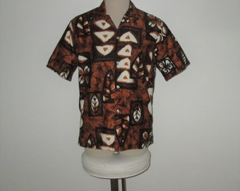Vintage 1960s Brown Hawaiian Abstract Shirt By Sears Sportswear - Sears, Roebuck And Co.  - Size M