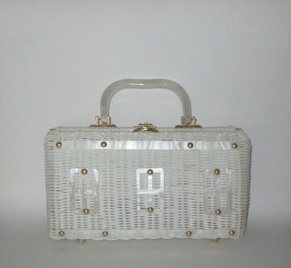 Vintage 1960s White Wicker Lucite Handbag