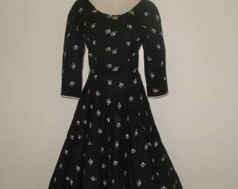 Vintage 1950s Black Floral Dress With Angora Accents By Mitzi Morgan - Size M