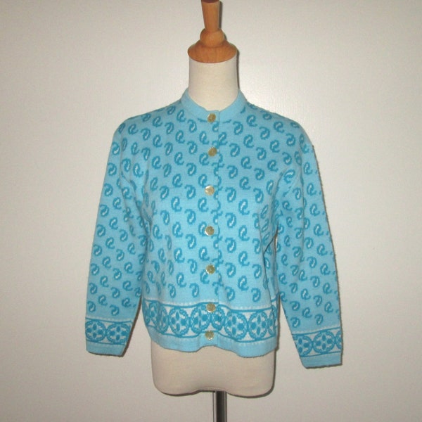Vintage 1950s 1960s Aqua Turquoise Aqua Blue Paisley Cardigan Sweater - Size M