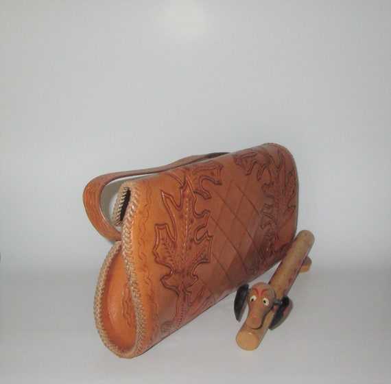 Vintage 1950s 1960s Tan Leather Handbag Purse Wit… - image 5