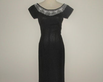 Vintage 1950s Black Beaded Linen Dress With Mermaid Hem By Nan Pendleton  - Size S, M