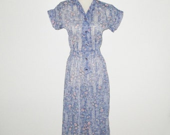 Vintage 1950s Blue Nylon Novelty Print Dress - Size S