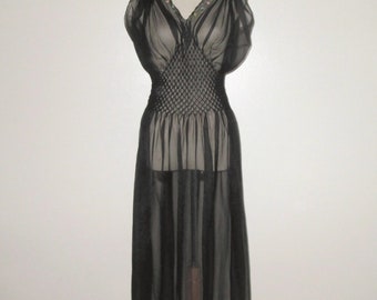 Vintage 1950s Black Sheer Embroidered Nightgown - Size S, M