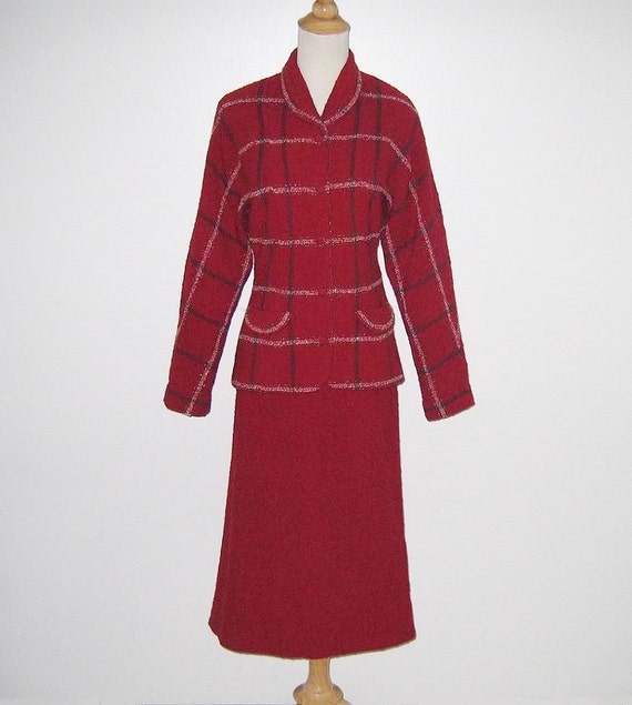 Vintage 1940s 1950s Cranberry Red Plaid Suit By Lo