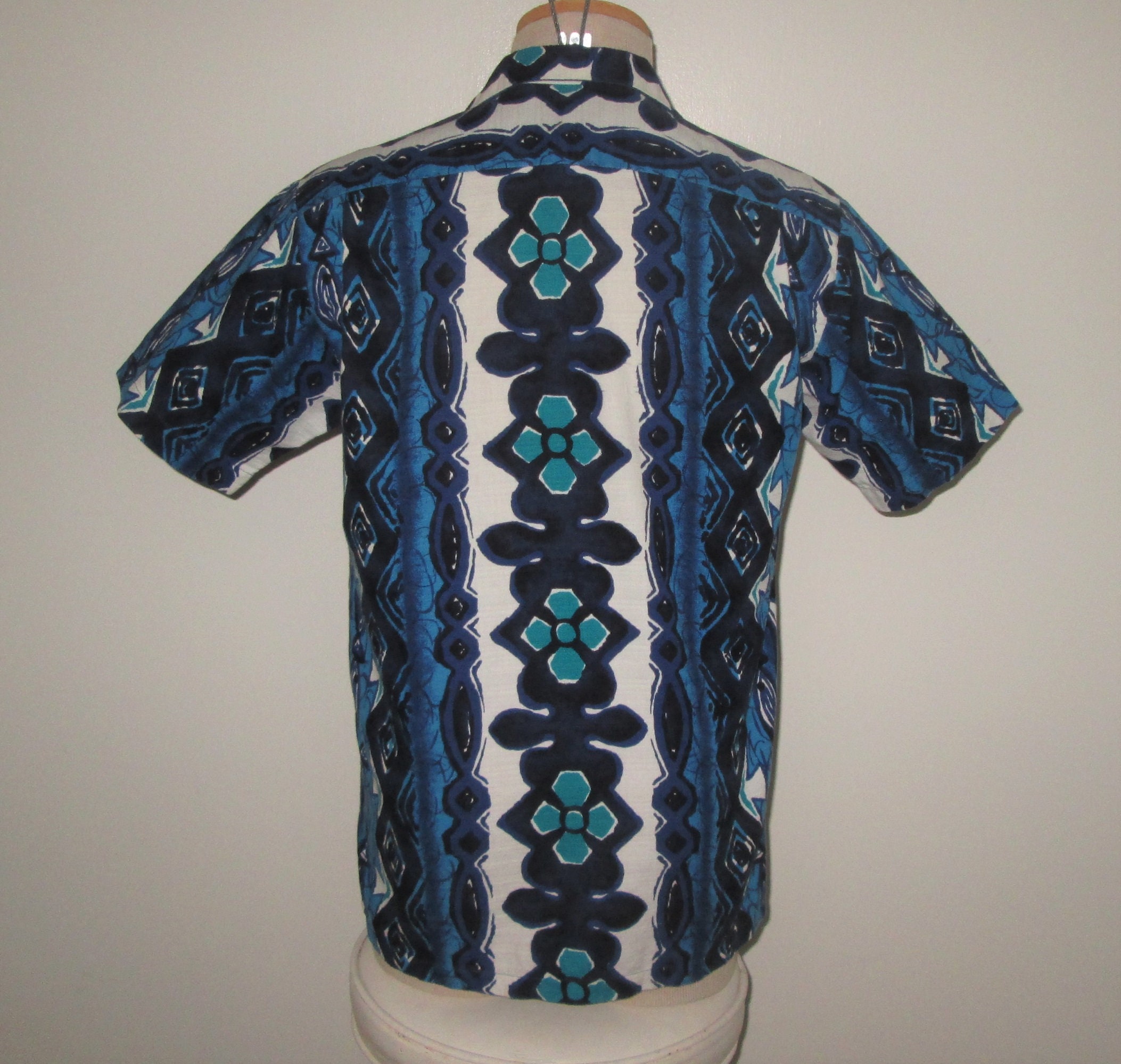 Vintage 1960s Blue Hawaiian Abstract Barkcloth Shirt by - Etsy