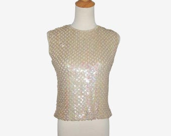Vintage 1960s Tan Sequin Sleeveless Blouse By Stylebest - Size S