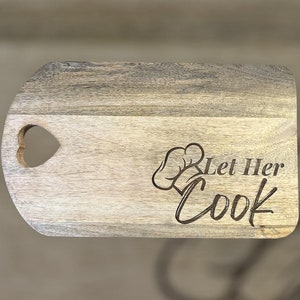 Let Her Cook - Arcadia Wood Cutting Board/Serving Tray with heart shaped handle- includes a 4 Piece Cheese Knife Set