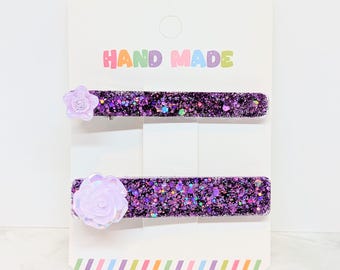 Handmade Purple Glitter Resin Hair Clips: Set of 2