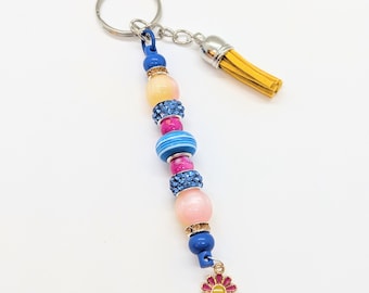 Pansexual Pride Beaded Keychain: Flower Charm, Yellow Tassel