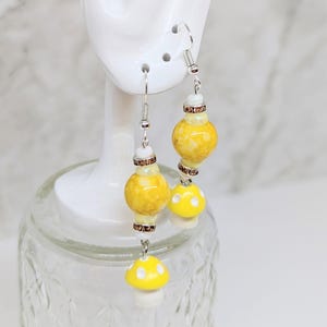 Mushroom Beaded Earrings | Toadstool Earrings Yellow Mushroom Dangle Earrings Beads Sparkle Birthday Mother's Day Gift Whimsical