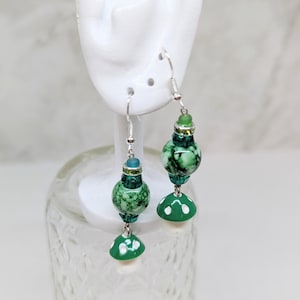 Mushroom Beaded Earrings | Toadstool Earrings Green Mushroom Dangle Earrings Beads Sparkle Birthday Mother's Day Gift Whimsical