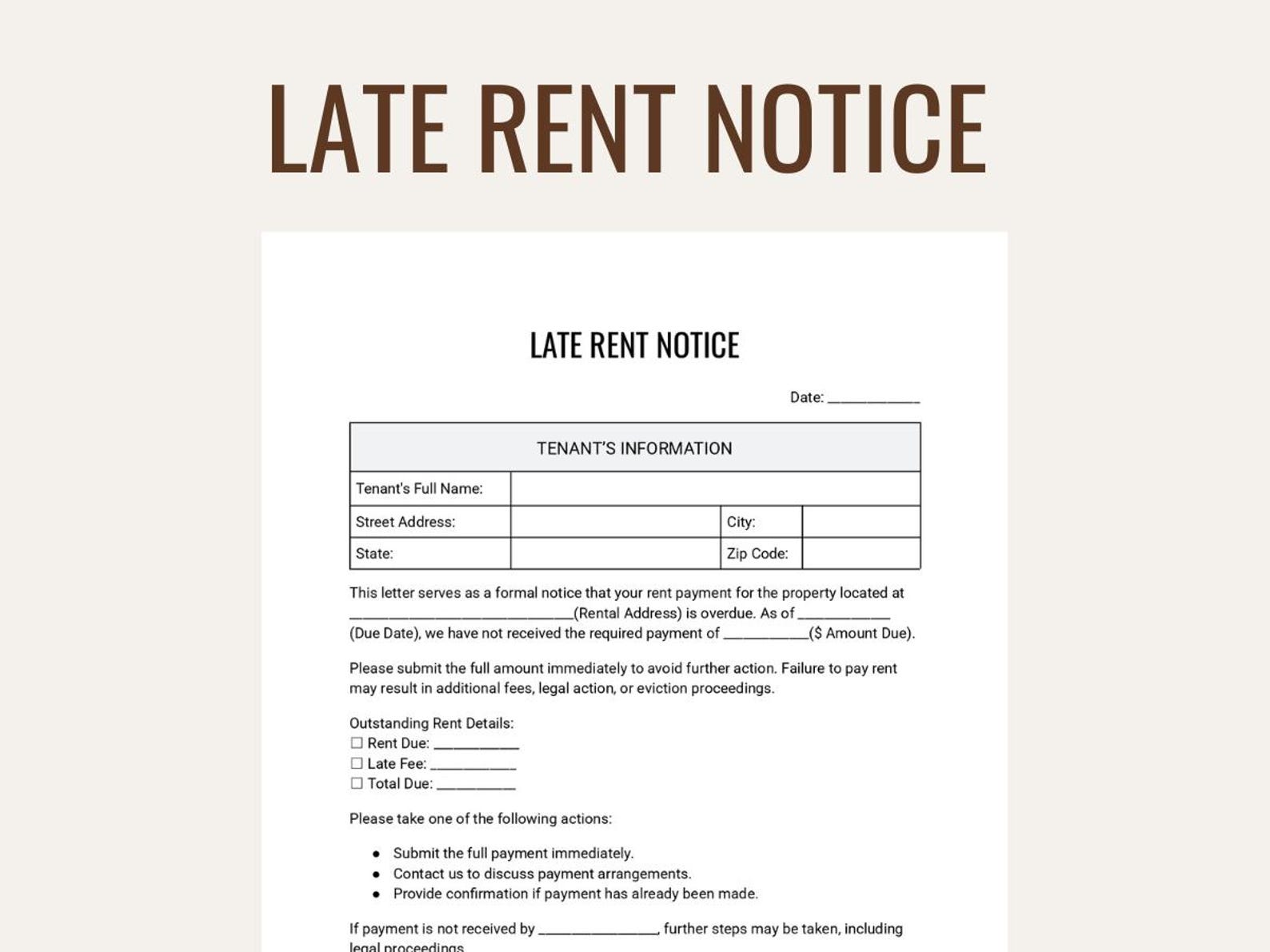 Editable Late Rent Notice Template | Landlord Letter (PDF, Word, Google ...