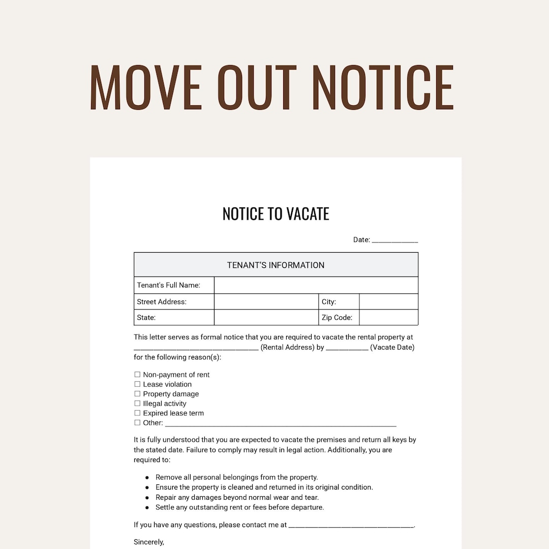 Move Out Notice Template Eviction Notice Editable Ms Word Google