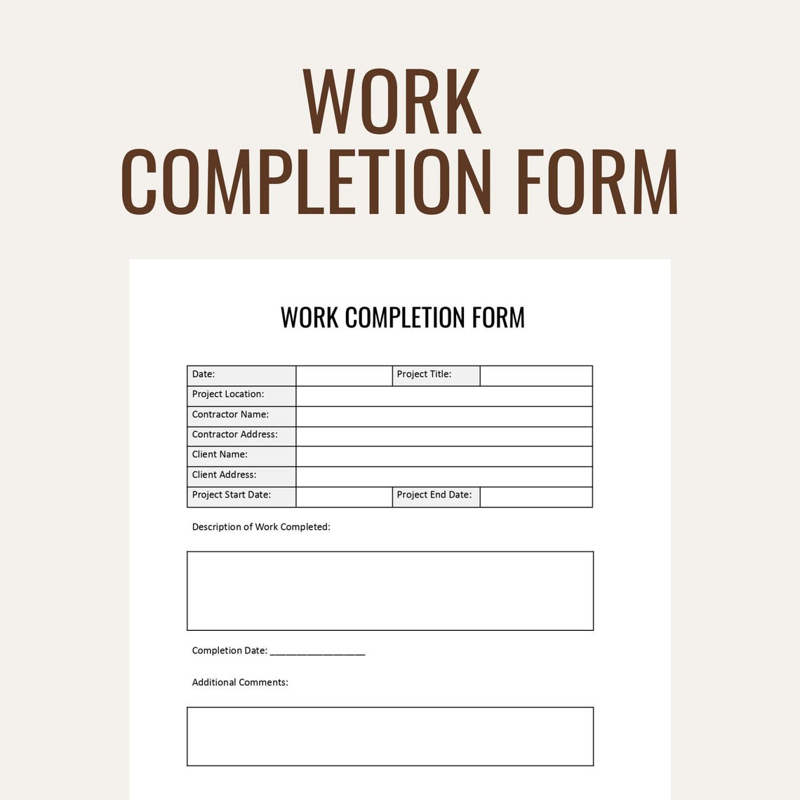 Work Completion Form | Job Completion Template | Editable MS Word ...