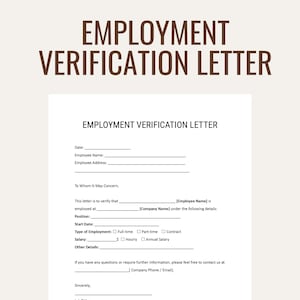 Puede incluir: Una plantilla de Carta de Verificación de Empleo blanca con un encabezado marrón. El documento incluye campos para la fecha, el nombre del empleado y la dirección. También tiene secciones para detalles de empleo, como el puesto y el salario.